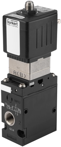 Burkert Type 6518, Art. 20093814 Servo-gestuurd magneetventiel voor pneumatiek 3/2 - C - normaal gesloten - inlaatpoort 1 (P/NC), uitlaatpoort 2 (A/OUT) verbonden met uitlaatpoort 3 (R/NO) 
