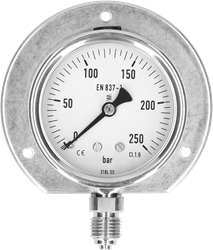 Manometer 63mm RVS 1/4"onder gevuld met achterflens 0-10 bar