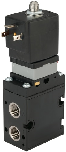 Burkert Type 6518, Art. 93706616 Servo-gestuurd magneetventiel voor pneumatiek 3/2 - D - normaal geopend - inlaatpoort 1 (P/NO) verbonden met uitlaatpoort 2 (B/OUT), uitlaatpoort 3 (R/NC) gesloten 