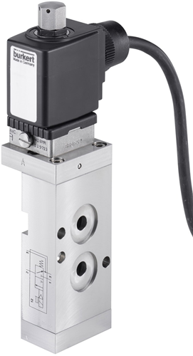 Burkert Type 6519, Art. 20109493 Servogestuurde magneetklep voor pneumatiek 3/2 - C - normaal gesloten - inlaatpoort 1 (P/NC), uitlaatpoort 2 (A/OUT) verbonden met uitlaatpoort 3 (R/NO) 