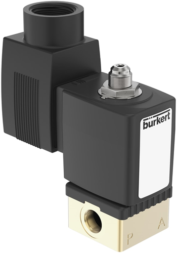 Burkert Type 6014, Art. 227067 Plunjerklep directwerkend 3/2 - C - normaal gesloten - inlaatpoort 1 (P/NC), uitlaatpoort 2 (A/OUT) verbonden met uitlaatpoort 3 (R/NO) 