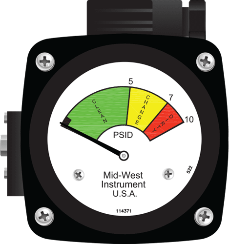 Mid-West Instrument Tri-Color Dial (Clean/Change/Dirty) rolmembraan manometer - model 522C