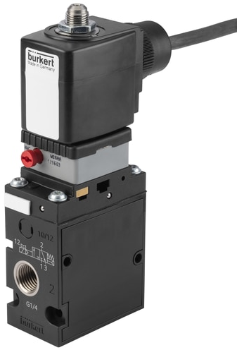 Burkert Type 6518, Art. 392164 Servo-gestuurd magneetventiel voor pneumatiek 3/2 - C - normaal gesloten - inlaatpoort 1 (P/NC), uitlaatpoort 2 (A/OUT) verbonden met uitlaatpoort 3 (R/NO) 
