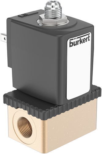 Burkert Type 6014, Art. 126212 Plunjerklep directwerkend 3/2 - D - normaal geopend - inlaatpoort 1 (P/NO) verbonden met uitlaatpoort 2 (B/OUT), uitlaatpoort 3 (R/NC) gesloten 