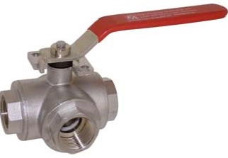 3-Wege Kugelhahn 3/4, PN30, Messing/PTFE-FKM, L-Bohrung, allseitig dichtend