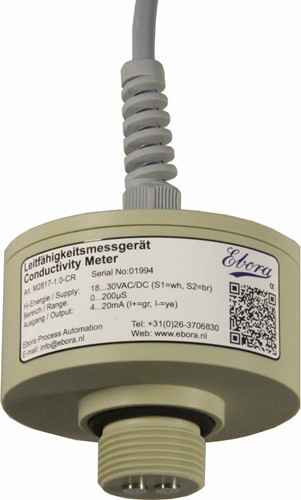 Geleidbaarheidsensor 4..20mA 0..2mS, K=1,0 24VDC/AC, TCmet Chroomstaal elektroden K= 1.0, M2817-1.0-CRT 0..2mS Ebora