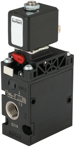Burkert Type 6518, Art. 20108078 Servo-gestuurd magneetventiel voor pneumatiek 3/2 - C - normaal gesloten - inlaatpoort 1 (P/NC), uitlaatpoort 2 (A/OUT) verbonden met uitlaatpoort 3 (R/NO) 