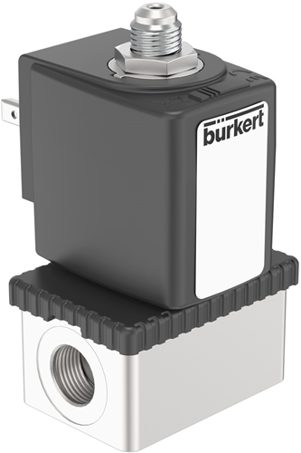 Burkert Type 6014, Art. 20034129 Plunjerklep directwerkend 3/2 - C - normaal gesloten - inlaatpoort 1 (P/NC), uitlaatpoort 2 (A/OUT) verbonden met uitlaatpoort 3 (R/NO) 