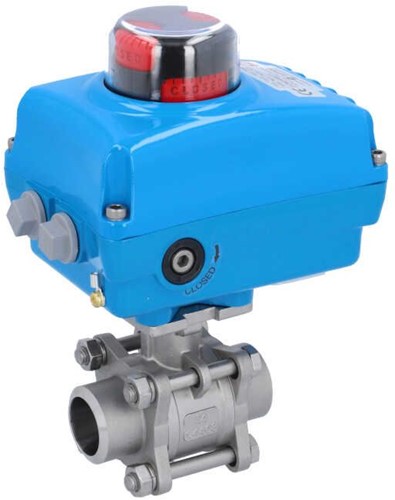 Ebora  3-delige RVS kogelkraan DN32 BW, PN63, met aandrijving-NE05, roestvast staal/PTFE-FKM, 230V 50Hz, looptijd 17sec. EBQC1865-NE054100