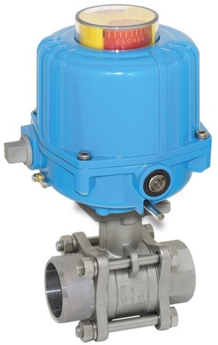 Ebora  3-delige RVS kogelkraan DN20 BW, PN63, met aandrijving-NE03, roestvast staal/PTFE-FKM, 24 VDC, looptijd 12sec. EBQC1863-NE032100