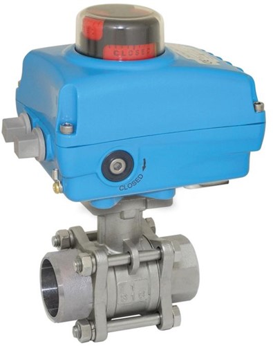 Ebora  3-delige RVS kogelkraan DN50 BW, PN63, met aandrijving-NE05, roestvast staal/PTFE-FKM, 24 VDC 50Hz, looptijd 10sec. EBQC1867-NE052100