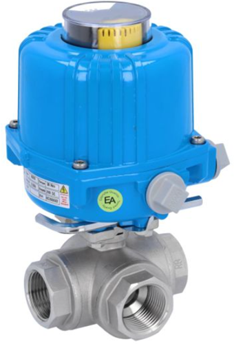 Ebora  3-weg RVS kogelkraan L boring, 11/4" BSPP, PN63, met aandrijving NE03, roestvast staal/PTFE-FKM, 230V 50Hz, looptijd 12sec. EBQL18-31126-NE034100