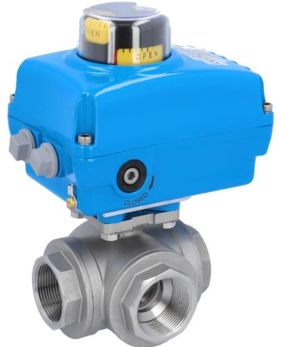 Ebora  3-weg RVS kogelkraan T boring, 11/2" BSPP, PN63, met aandrijving NE05, roestvast staal/PTFE-FKM, 230V 50Hz, looptijd 14 sec. EBQT18-31127-NE054100