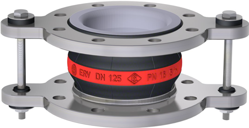 Elaflex Rubber expansion joint Red band type ERV-R ZS with tie rods and PTFE lining (max. 10 bar) DN125, L=130 mm flanges DIN PN16 RVS 316 Ti