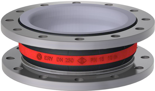 Elaflex Rubber expansion joint red band type ERV-R with PTFE lining DN250, L=130 mm flanges DIN PN16 galvanized steel