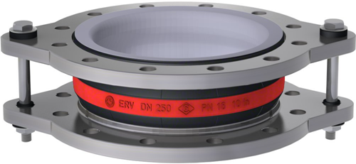 Elaflex Rubber expansion joint red band type ERV-R ZS with tie rods and PTFE lining DN250, L=130 mm flanges DIN PN10 galvanized steel