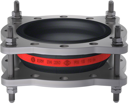 Elaflex Rubber compensator roodring type ERV-R ZS met trekstangen DN250, L=130 mm flenzen DIN PN16 RVS 316 Ti