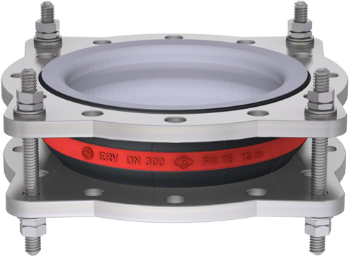 Elaflex Rubber compensator roodring type ERV-R ZS met trekstangen en PTFE lining DN300, L=130 mm flenzen DIN PN16 RVS 316 Ti