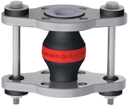 Elaflex Rubber expansion joint red band type ERV-R ZS with tie rods and PTFE lining DN32, L=130 mm flanges DIN PN16 RVS 316 Ti