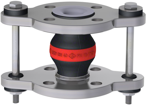 Elaflex Rubber compensator Roodring type ERV-R ZS met trekstangen en PTFE lining (max. 10 bar) DN40, L=130 mm flenzen DIN PN16 verzinkt staal