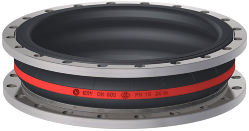 Elaflex Rubber expansion joint red band type ERV-R VSR with vacuum support ring DN600, L=200 mm flanges DIN PN10 RVS 316 Ti