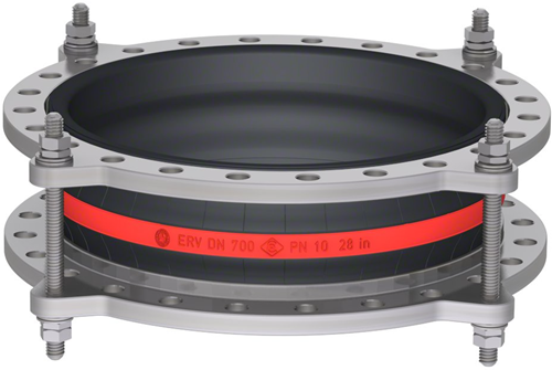 Elaflex Rubber compensator roodring type ERV-R ZS met trekstangen DN700, L=260 mm flenzen DIN PN10 RVS 316 Ti