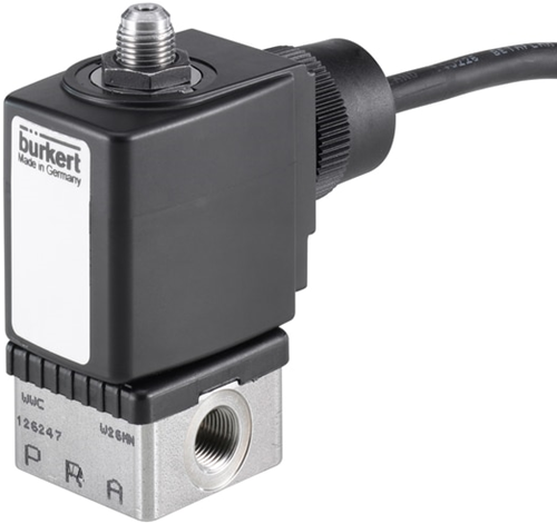 Burkert Type 6014, Art. 350626 Plunger valve, direct acting 3/2 - T - for universal use - port connections 1 (P/NC), 2 (A/in/out) and 3 (R /NO) depending on application 