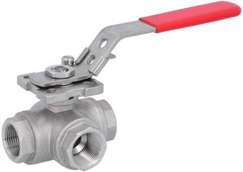 3-Wege Kugelhahn 3/4-DIN2999, d15, PN63, L-Bohrung, Edelstahl 1.4408/PTFE-FKM, ISO5211