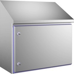Rittal HD Wall cabinet, stainless steel 1.4301 (AISI 304), 610x430/301x300 mm WxH1/H2xD, blue colored pressed seal, Food & beverage (F&B) and pharma, 1320600