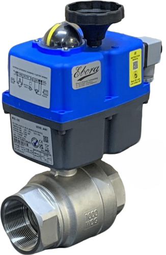 Ebora  2-delige RVS kogelkraan 2" BSPP, PN63, met aandrijving-J4CS35, roestvast staal/PTFE-FKM,24-230V AC/DC, looptijd 10sec. EBQB18-31128-J4SC35