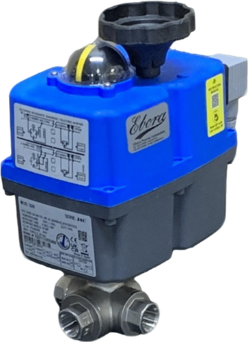 Ebora  3-way stainless steel ball valve T bore, 3/8 BSPP, PN63, with actuator J4CS20 stainless steel/PTFE-FKM, 24-230V , running time 10sec. EBQT18-31122-J4CS20