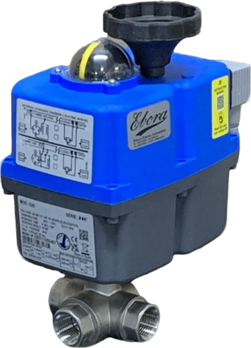 Ebora  3-way stainless steel ball valve T bore, 1/2 BSPP, PN63, with actuator J4CS20 stainless steel/PTFE-FKM, 24-230V , running time 10sec. EBQT18-31123-J4CS20
