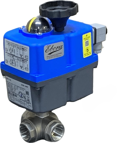 Ebora  3-way stainless steel ball valve T bore, 3/4 BSPP, PN63, with actuator J4CS20 stainless steel/PTFE-FKM, 24-230V , running time 10sec. EBQT18-31124-J4CS20