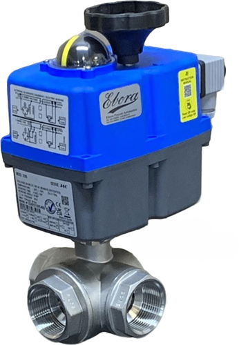 Ebora  3-Wege-Edelstahl-Kugelhahn L-Bohrung, 11/4 BSPP, PN63, mit Antrieb J4CS35 Edelstahl/PTFE-FKM, 24-230V , Laufzeit 10sec. EBQL18-31126-J4CS35