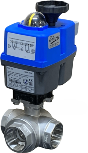 Ebora  3-way stainless steel ball valve T bore, 11/2 BSPP, PN63, with actuator J4CS55 stainless steel/PTFE-FKM, 24-230V , running time 14sec. EBQT18-31127-J4CS55