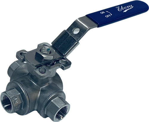 3-Wege Edelstahl Kugelhahn 3/8 BSPP T-Bohrung, PN63 mit Aufbauflansch ISO5211 F03/F04, Quadrat 9 mm, mit Handhebel, QT18-31122