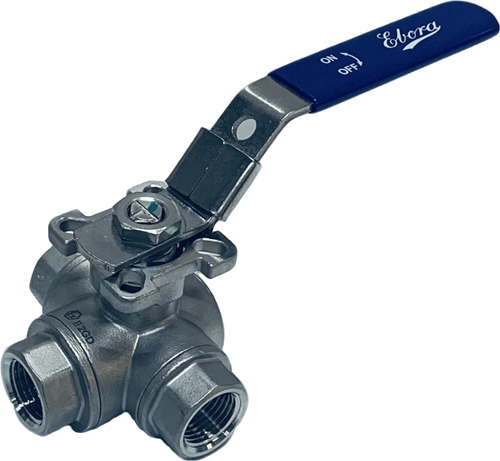 3-Wege Edelstahl Kugelhahn 1/2 BSPP T-Bohrung, PN63 mit Aufbauflansch ISO5211 F03/F04, Quadrat 9 mm, mit Handhebel, QT18-31123