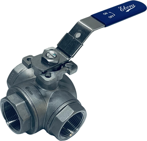 3-weg RVS kogelkraan 1 1/4 BSPP met T-boring, PN63 met opbouwflens ISO5211 F04/F05, vierkant 11 mm, met hendel, QT18-31126