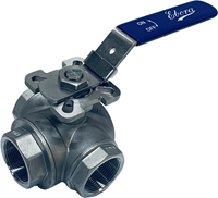 3-weg RVS kogelkraan 1 1/2 BSPP met T-boring, PN63 met opbouwflens ISO5211 F05/F07, vierkant 14 mm, met hendel, QT18-31127