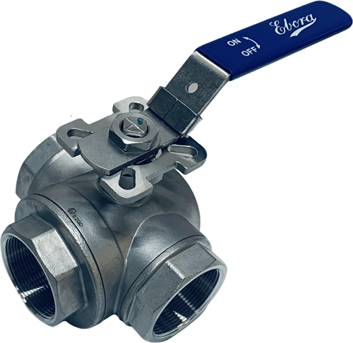 3-Wege Edelstahl Kugelhahn 2 BSPP T-Bohrung, PN63 mit Aufbauflansch ISO5211 F05/F07, Quadrat 14 mm, mit Handhebel, QT18-31128