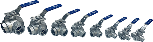 3-Wege Edelstahl Kugelhahn 1 BSPP L-Bohrung, PN63 mit Aufbauflansch ISO5211 F04/F05, Quadrat 11 mm, mit Handhebel, QL18-31125-3