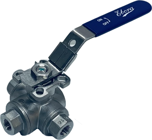 3-Wege Edelstahl Kugelhahn 1/4 BSPP L-Bohrung, PN63 mit Aufbauflansch ISO5211 F03/F04, Quadrat 9 mm, mit Handhebel, QL18-31121