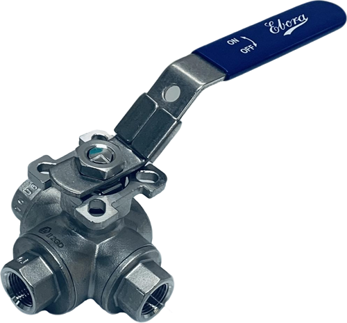 3-weg RVS kogelkraan 3/8 BSPP met L-boring, PN63 met opbouwflens ISO5211 F03/F04, vierkant 9 mm, met hendel, QL18-31122