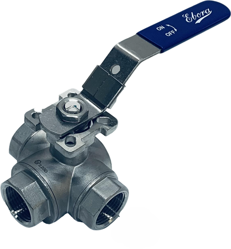 3-way stainless steel ball valve 1 BSPP L-bore, PN63 with topflange ISO5211 F04/F05, square 11 mm, with handle, QL18-31125