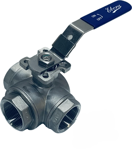 3-Wege Edelstahl Kugelhahn 1 1/4 BSPP L-Bohrung, PN63 mit Aufbauflansch ISO5211 F04/F05, Quadrat 11 mm, mit Handhebel, QL18-31126