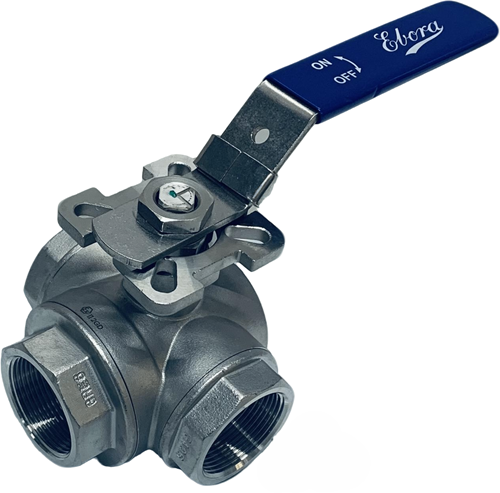 3-Wege Edelstahl Kugelhahn 1 1/2 BSPP L-Bohrung, PN63 mit Aufbauflansch ISO5211 F05/F07, Quadrat 14 mm, mit Handhebel, QL18-31127