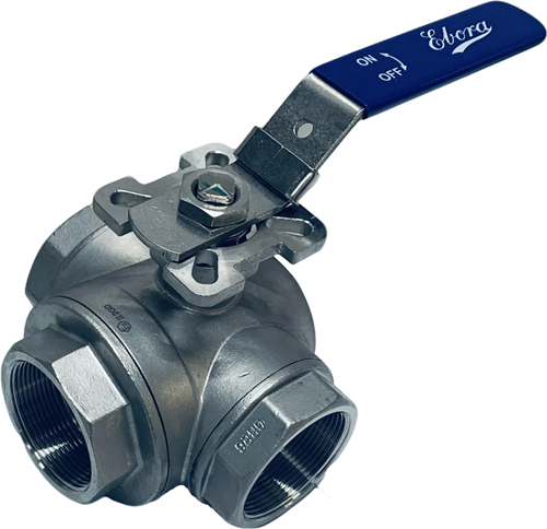 3-Wege Edelstahl Kugelhahn 2 BSPP L-Bohrung, PN63 mit Aufbauflansch ISO5211 F05/F07, Quadrat 14 mm, mit Handhebel, QL18-31128