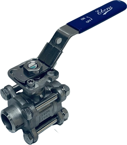 3-piece stainless steel ball valve DN20 BW welding ends, PN63 with mounting flange ISO5211 F03/F04, square 9 mm, with lever, QC18-31163