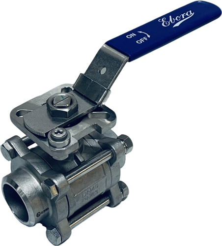 Ebora  3-delige RVS kogelkraan DN40 BW, PN63 met opbouwflens ISO5211 F05/F07, vierkant 14 mm, met hendel QC18-31166