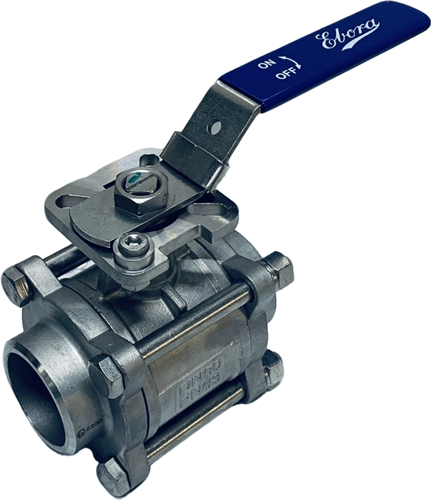 3-piece stainless steel ball valve DN50 BW welding ends, PN63 with mounting flange ISO5211 F05/F07, square 14 mm, with lever, QC18-31167